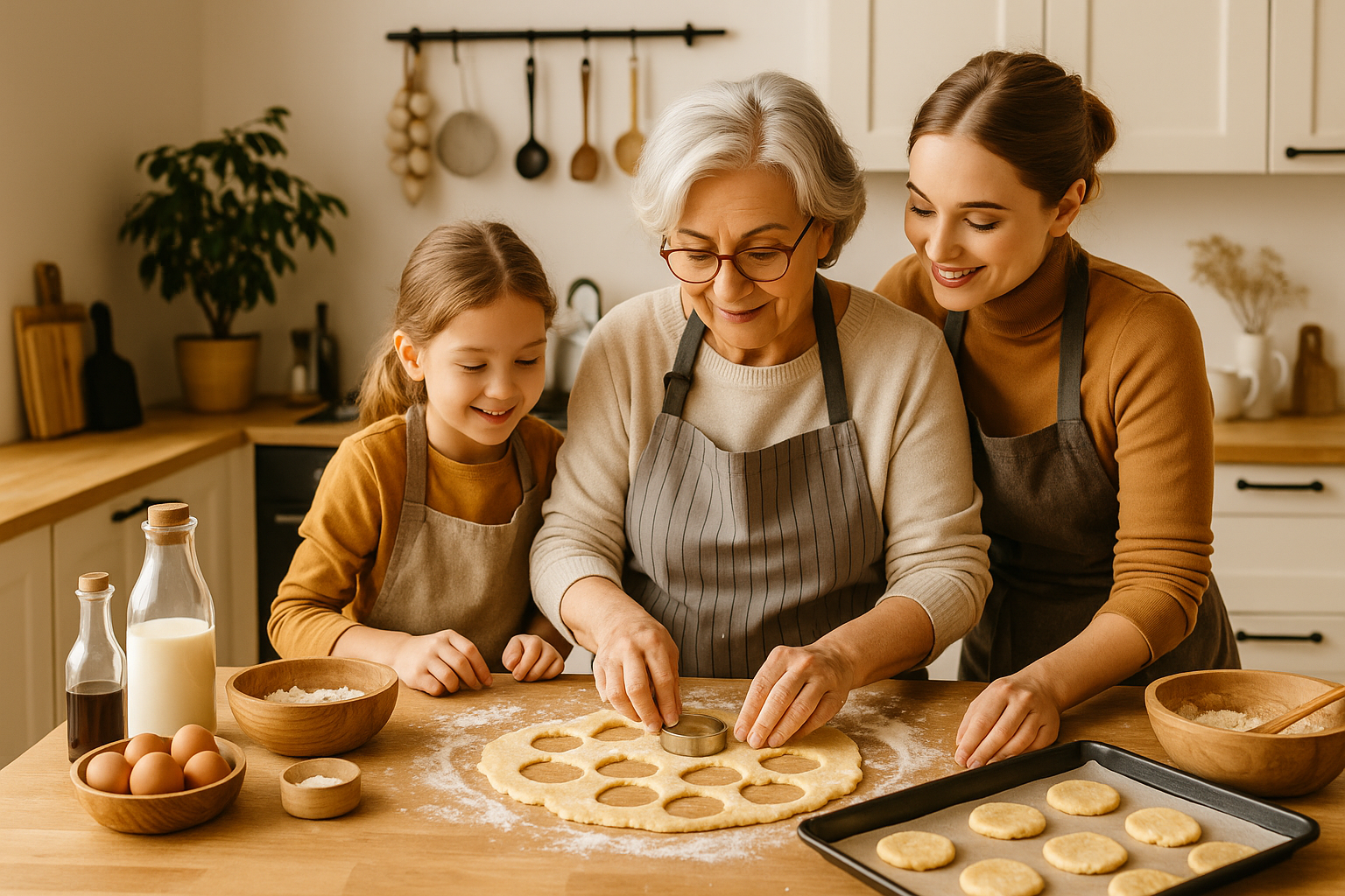 Three generations cooking together in the kitchen